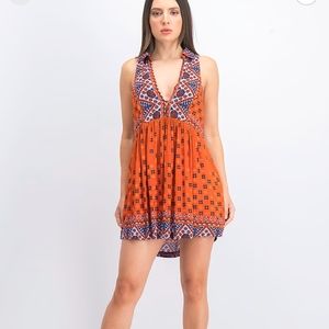 Free People Charlotte Printed Collared Mini Dress Rust and Blue Size Large